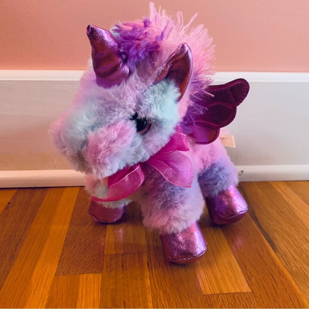 Pastel Cotton Candy Rainbow Unicorn Pegasus Stuffed Animal w/ Metallic Accents